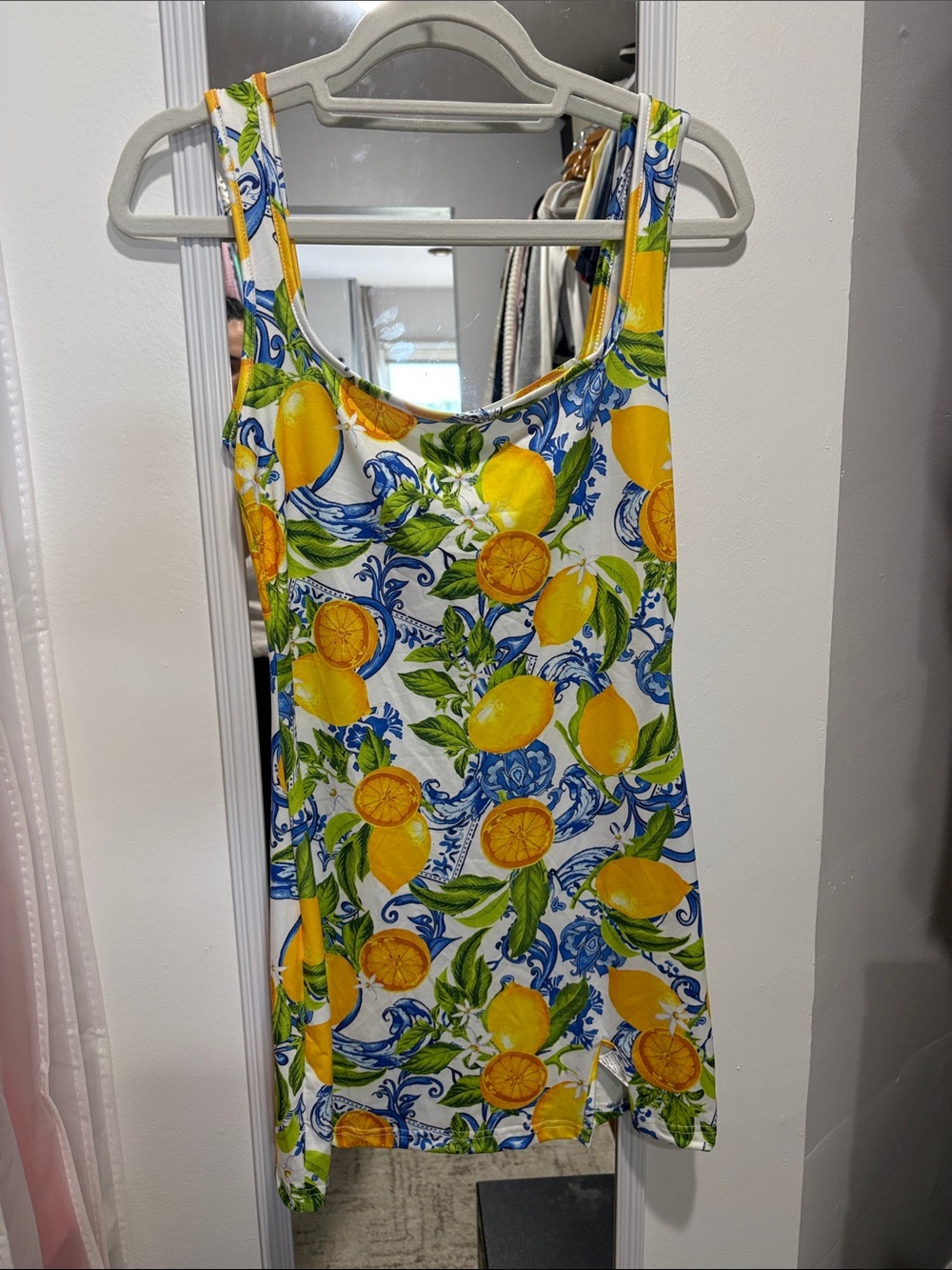 Lemon Print Tank Top - Yellow Blue Floral Women's Top